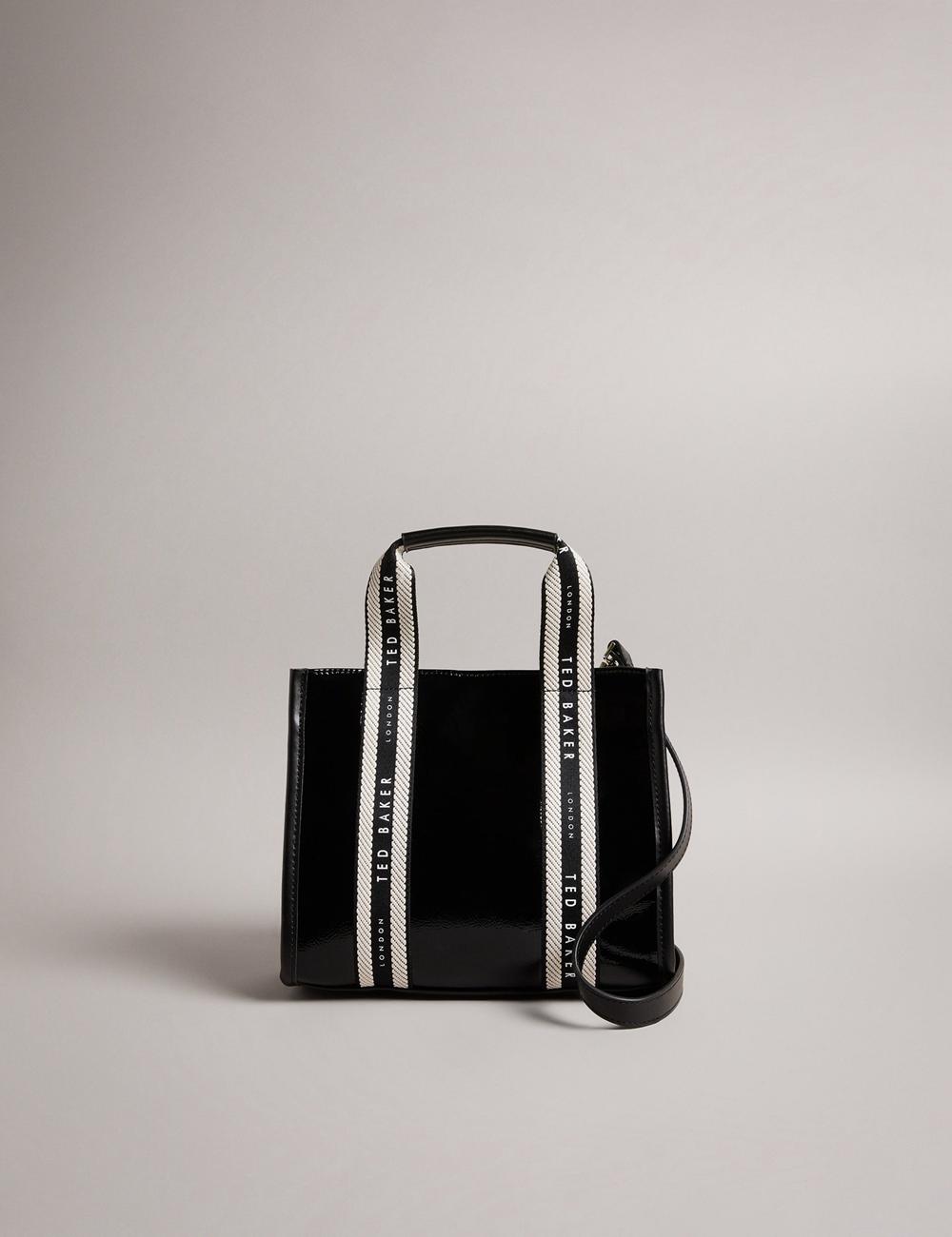 Women Ted Baker CELIANE - Branded Webbing Patent Small Tote Bags Black | KSA  1365-UXLVD