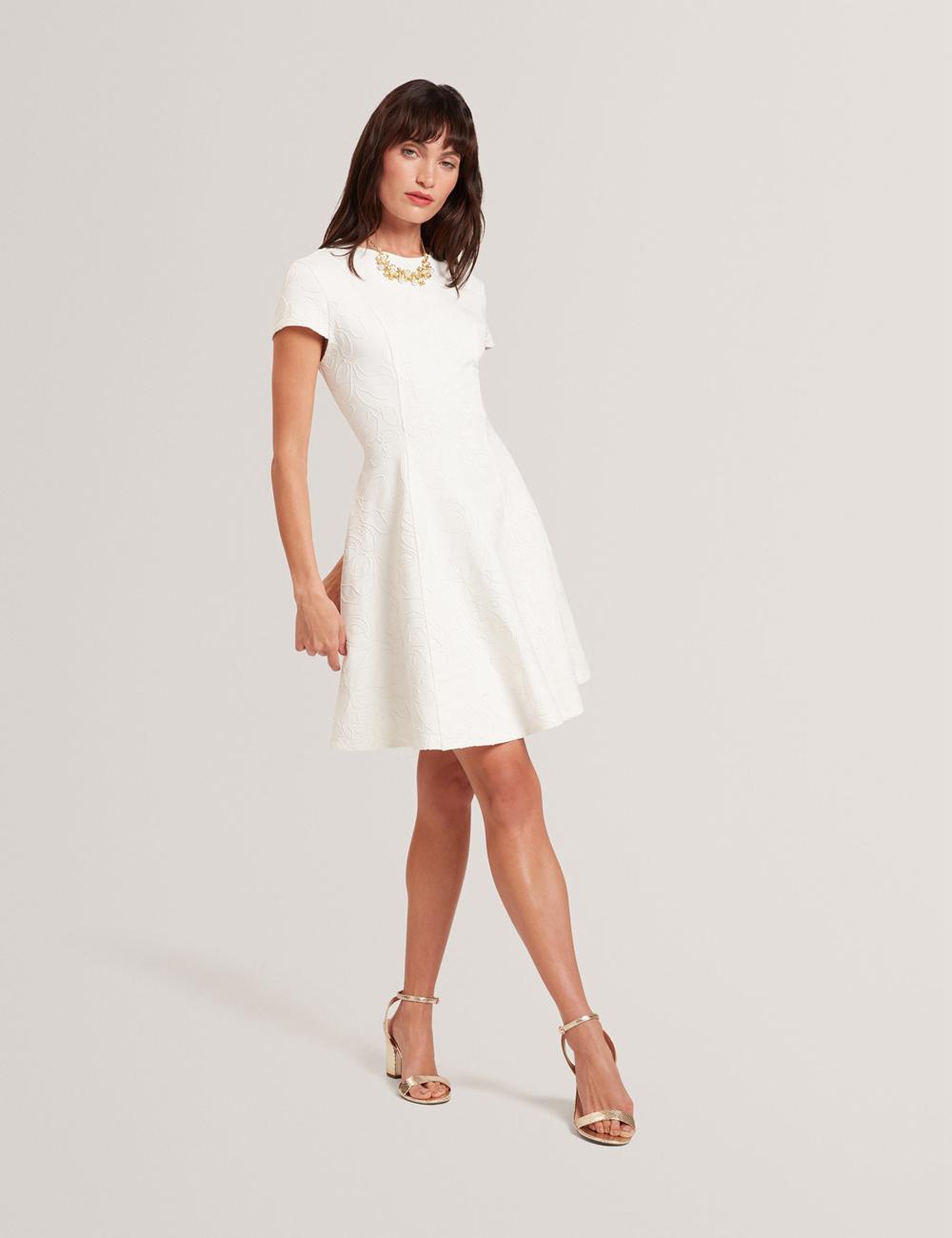 Women Ted Baker CLODAA - Embroidered Short Sleeve Skater Mini Dresses Ivory | KSA  5423-UACTW