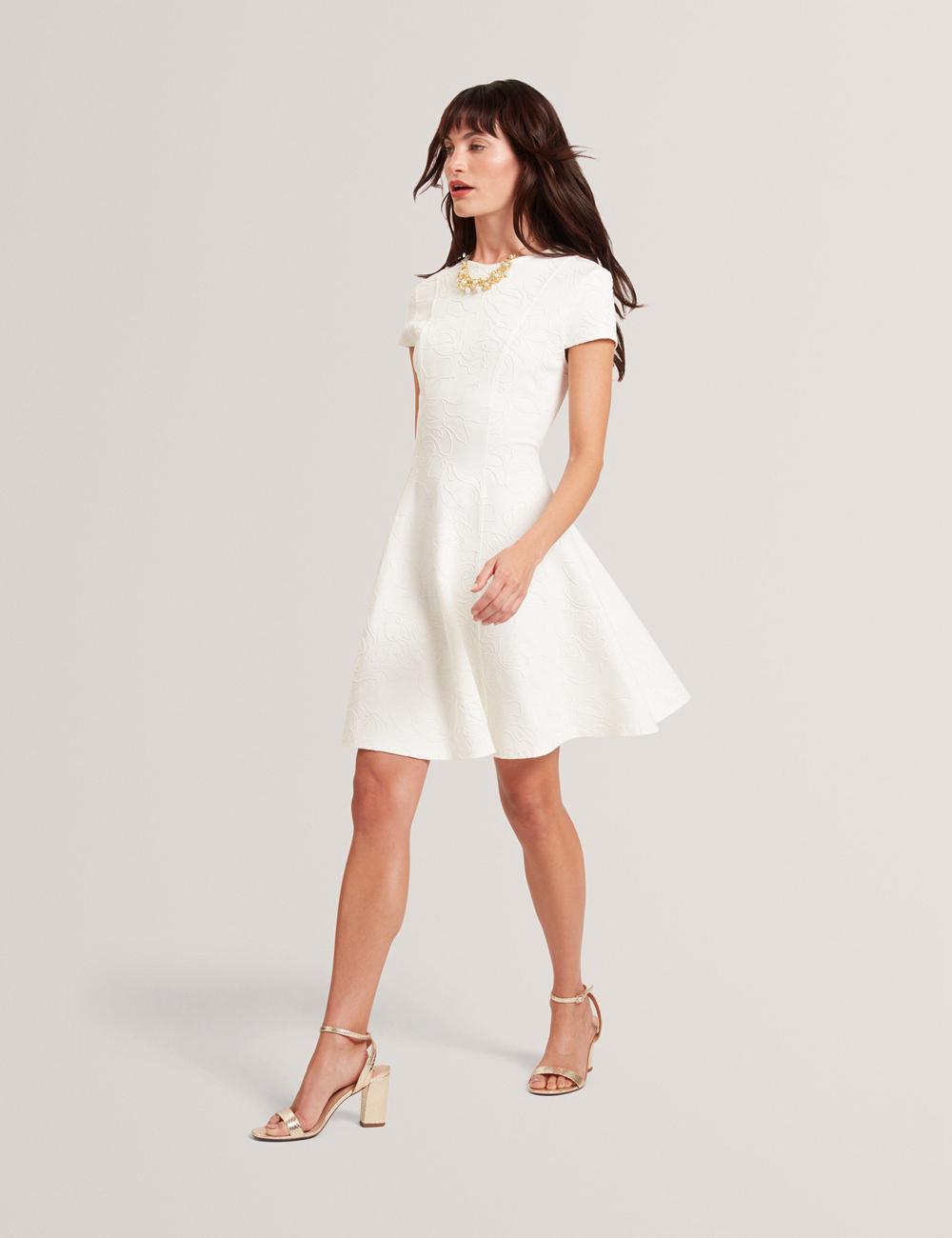 Women Ted Baker CLODAA - Embroidered Short Sleeve Skater Mini Dresses Ivory | KSA  5423-UACTW