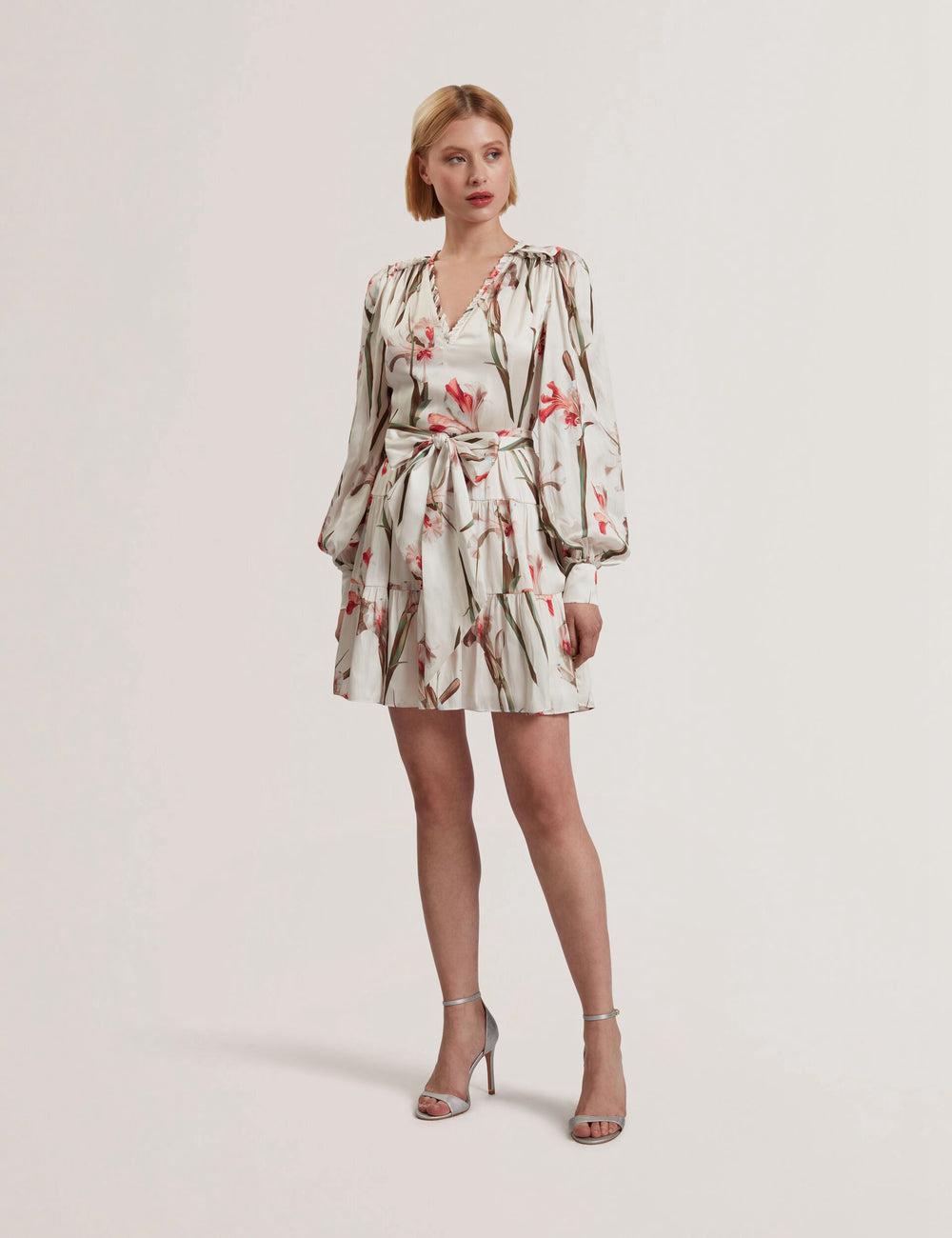 Women Ted Baker CUIABA - Floral V-Neck Waist Mini Dresses Ivory | KSA  2163-MEWUV