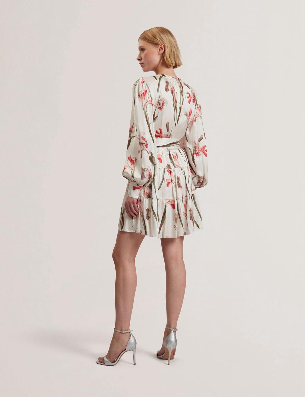 Women Ted Baker CUIABA - Floral V-Neck Waist Mini Dresses Ivory | KSA  2163-MEWUV