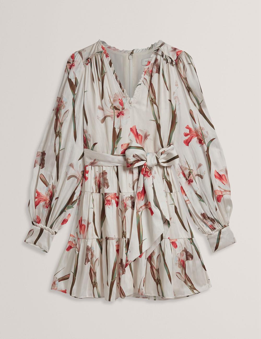 Women Ted Baker CUIABA - Floral V-Neck Waist Mini Dresses Ivory | KSA  2163-MEWUV