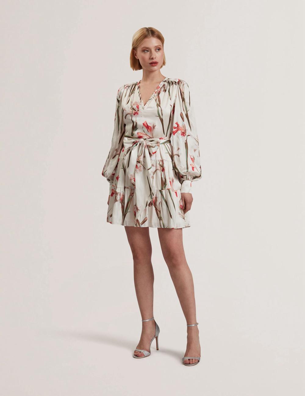 Women Ted Baker CUIABA - Floral V-Neck Waist Mini Dresses Ivory | KSA  2163-MEWUV