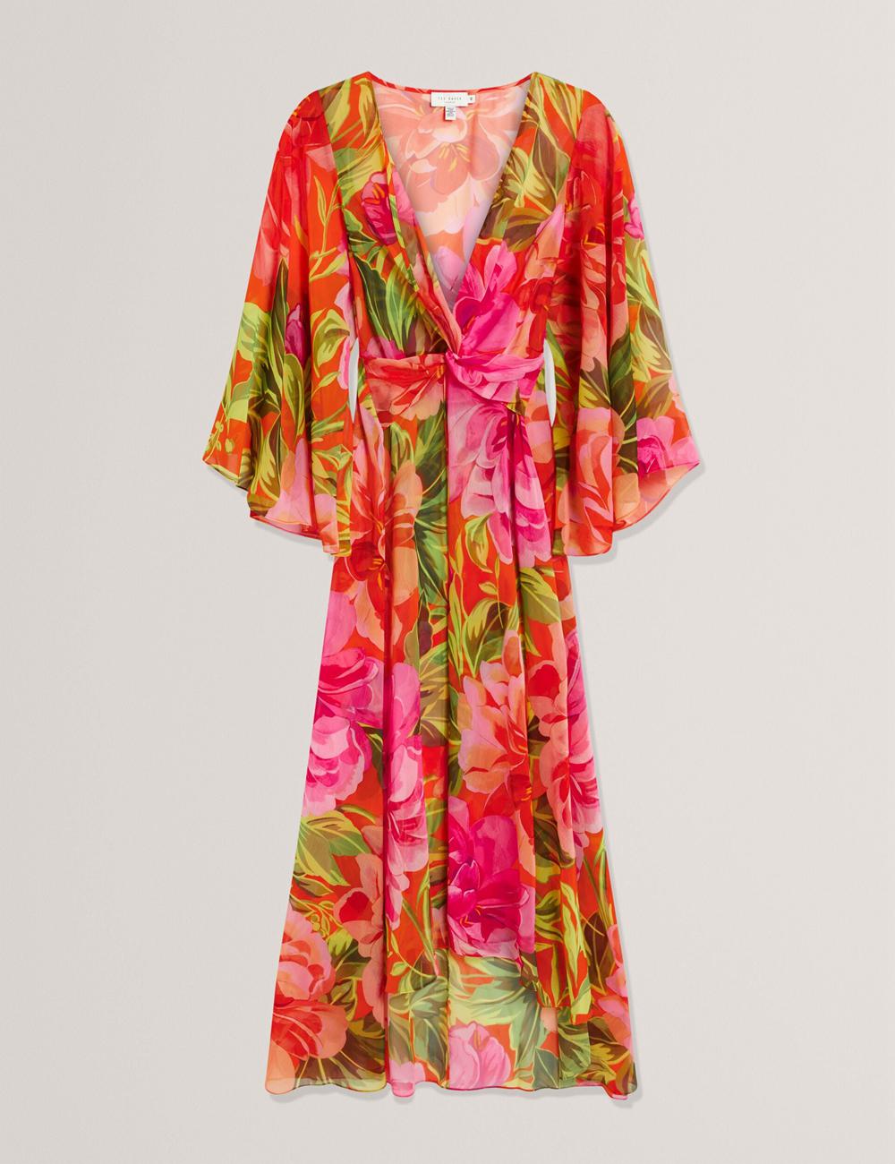 Women Ted Baker DDARCIS - Floral Twisted Waist Maxi Beach Cover Ups Coral | KSA  3617-TKGHB