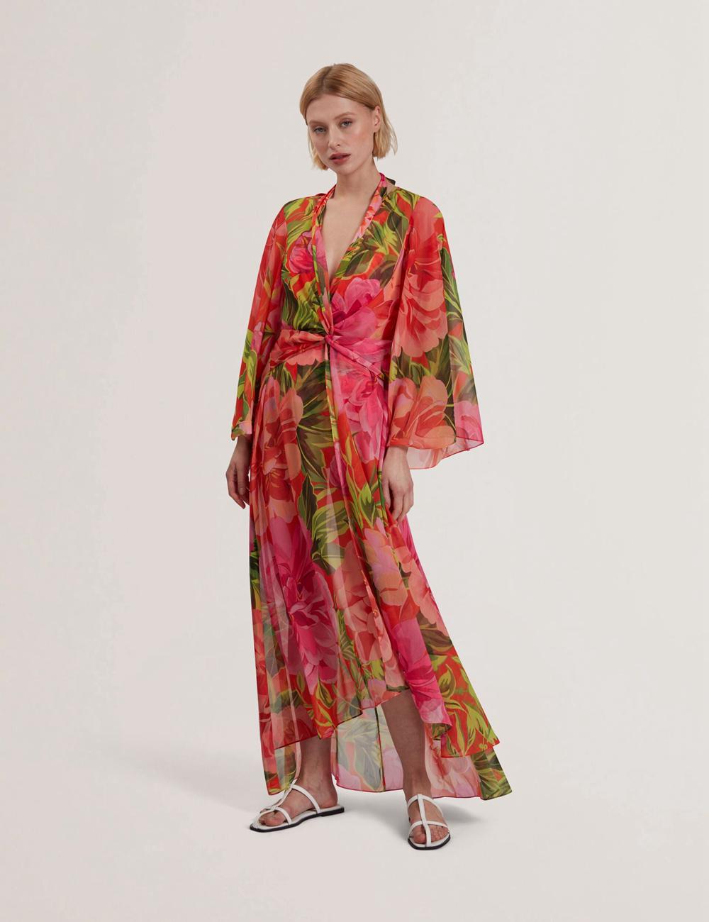 Women Ted Baker DDARCIS - Floral Twisted Waist Maxi Beach Cover Ups Coral | KSA  3617-TKGHB