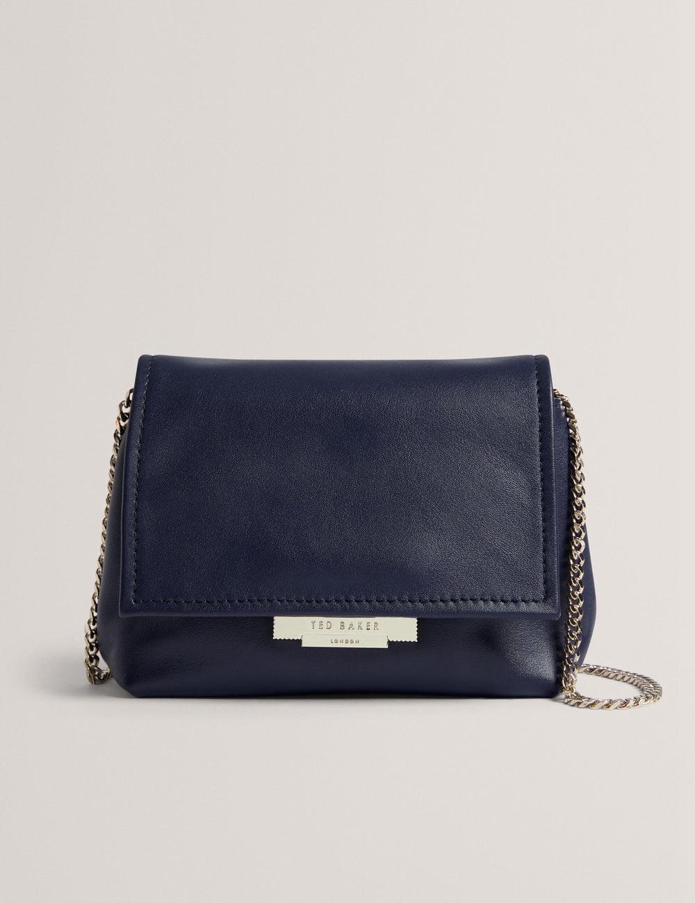Women Ted Baker DEMNI - Mini Leather Fold Over Chain Crossbody Bags Navy | KSA  0786-VXFBU