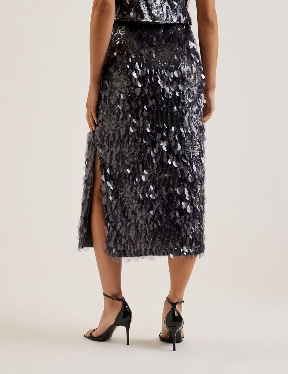 Women Ted Baker DORIDA - Mixed Sequin With Slit Midi Skirts Dk-Grey | KSA  3078-PZBXK