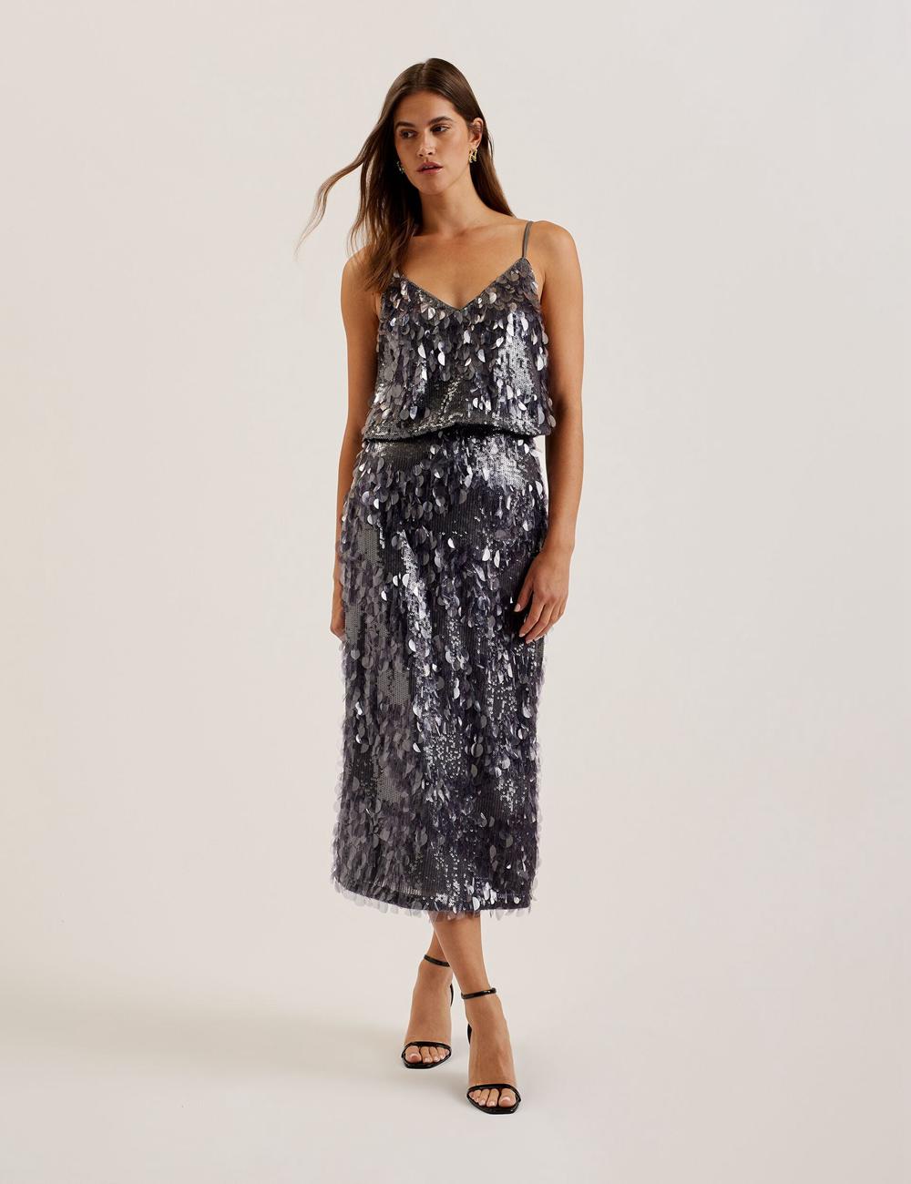 Women Ted Baker DORIDA - Mixed Sequin With Slit Midi Skirts Dk-Grey | KSA  3078-PZBXK