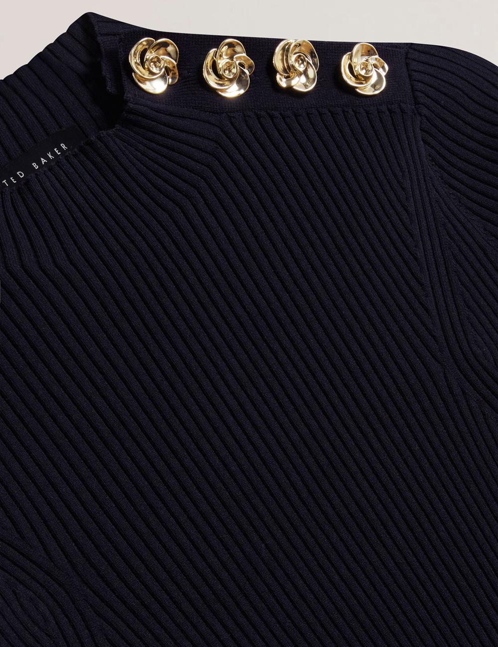 Women Ted Baker EELIIA - Ribbed Knit Short Sleeve With Rose Buttons Tops Navy | KSA  3941-DQHVB