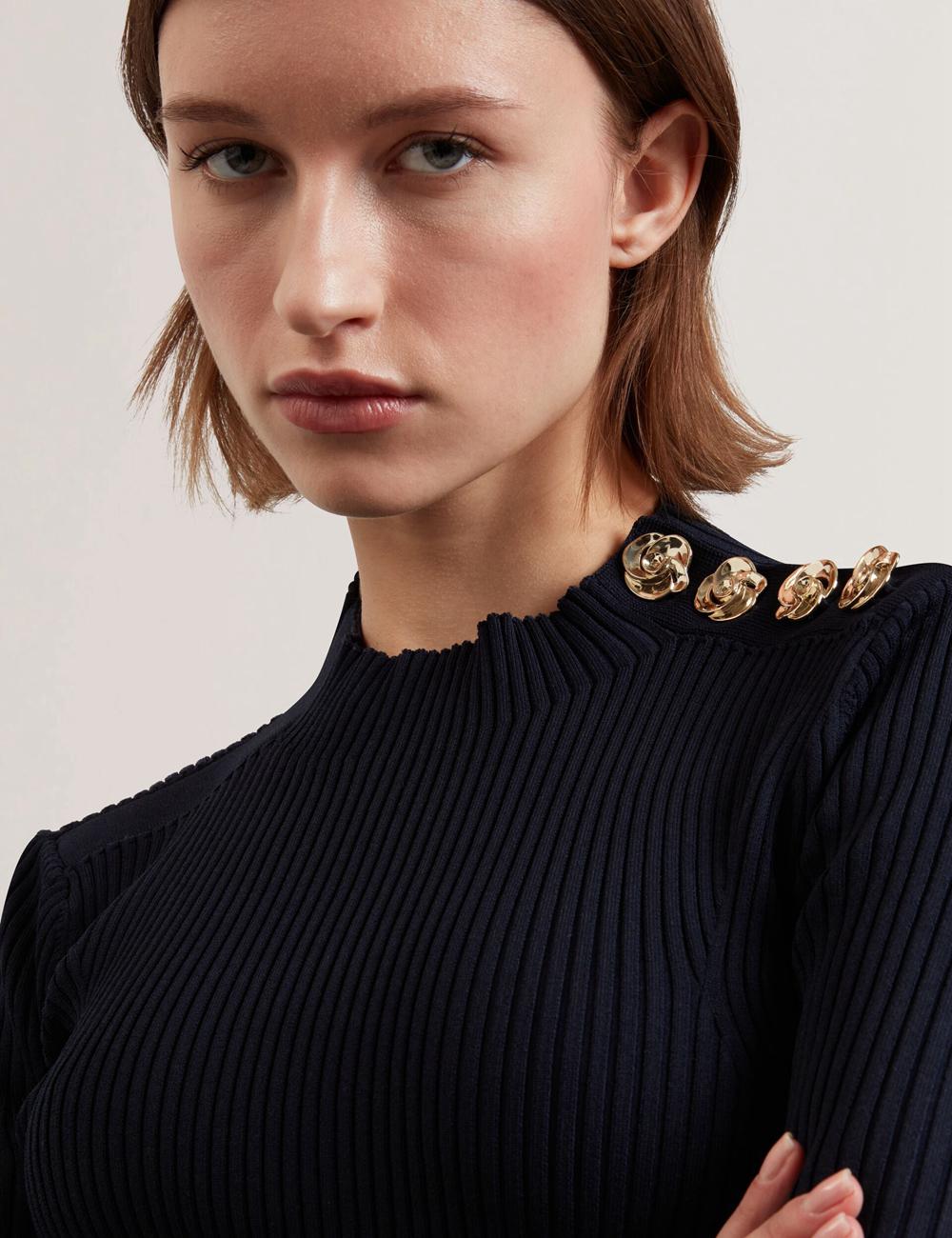Women Ted Baker EELIIA - Ribbed Knit Short Sleeve With Rose Buttons Tops Navy | KSA  3941-DQHVB