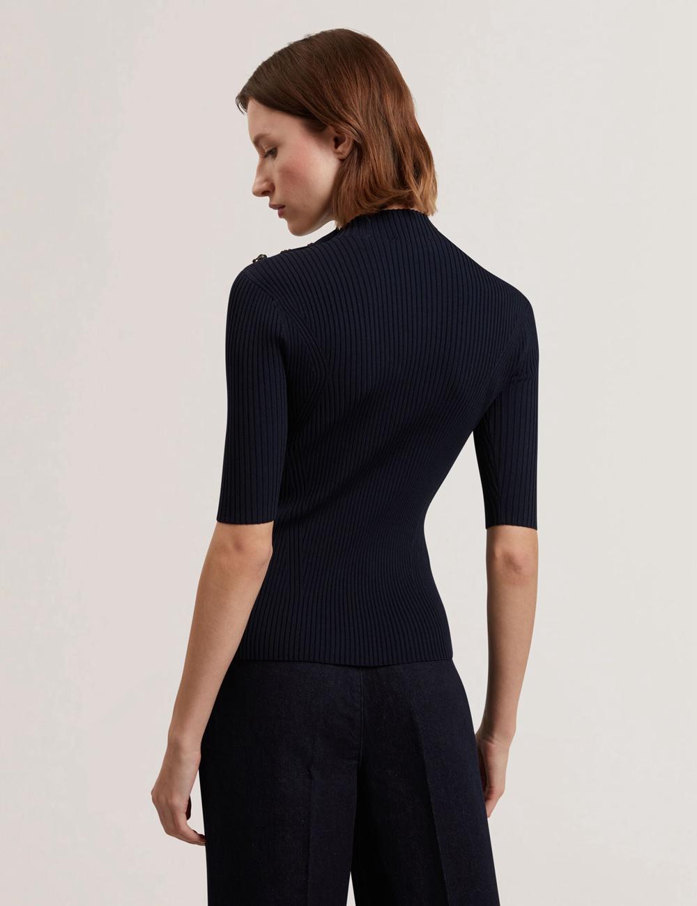 Women Ted Baker EELIIA - Ribbed Knit Short Sleeve With Rose Buttons Tops Navy | KSA  3941-DQHVB