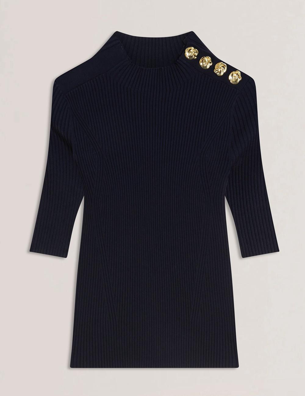 Women Ted Baker EELIIA - Ribbed Knit Short Sleeve With Rose Buttons Tops Navy | KSA  3941-DQHVB