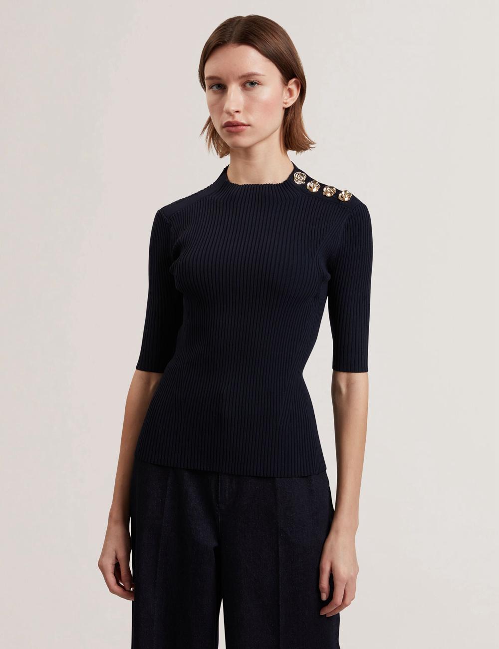 Women Ted Baker EELIIA - Ribbed Knit Short Sleeve With Rose Buttons Tops Navy | KSA  3941-DQHVB
