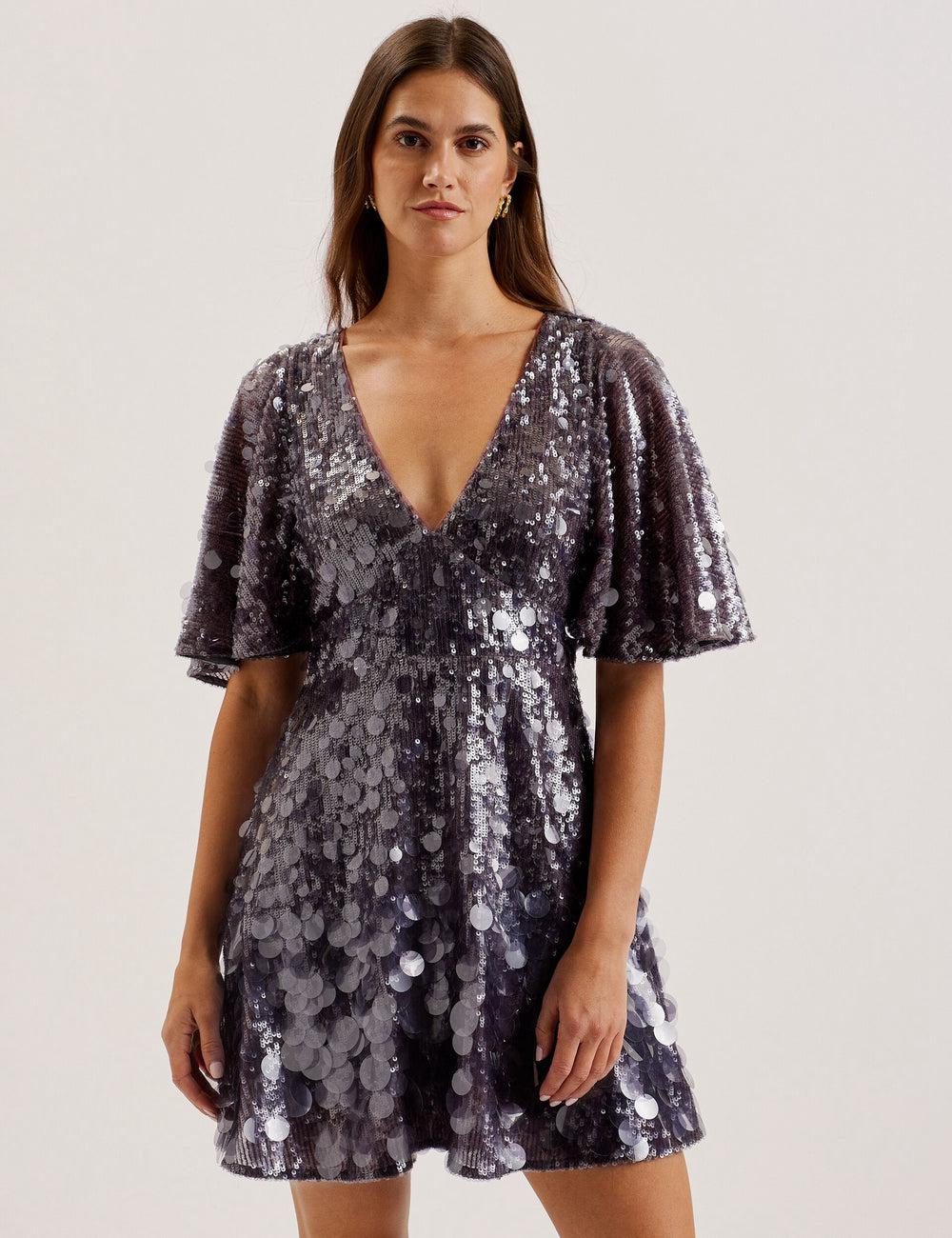 Women Ted Baker ELISONA - Sequin V-Neck Cape Sleeve Mini Dresses Dk-Grey | KSA  0549-QLAMY