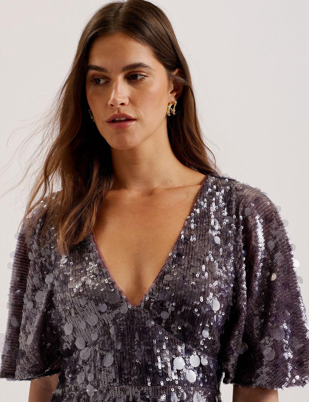Women Ted Baker ELISONA - Sequin V-Neck Cape Sleeve Mini Dresses Dk-Grey | KSA  0549-QLAMY