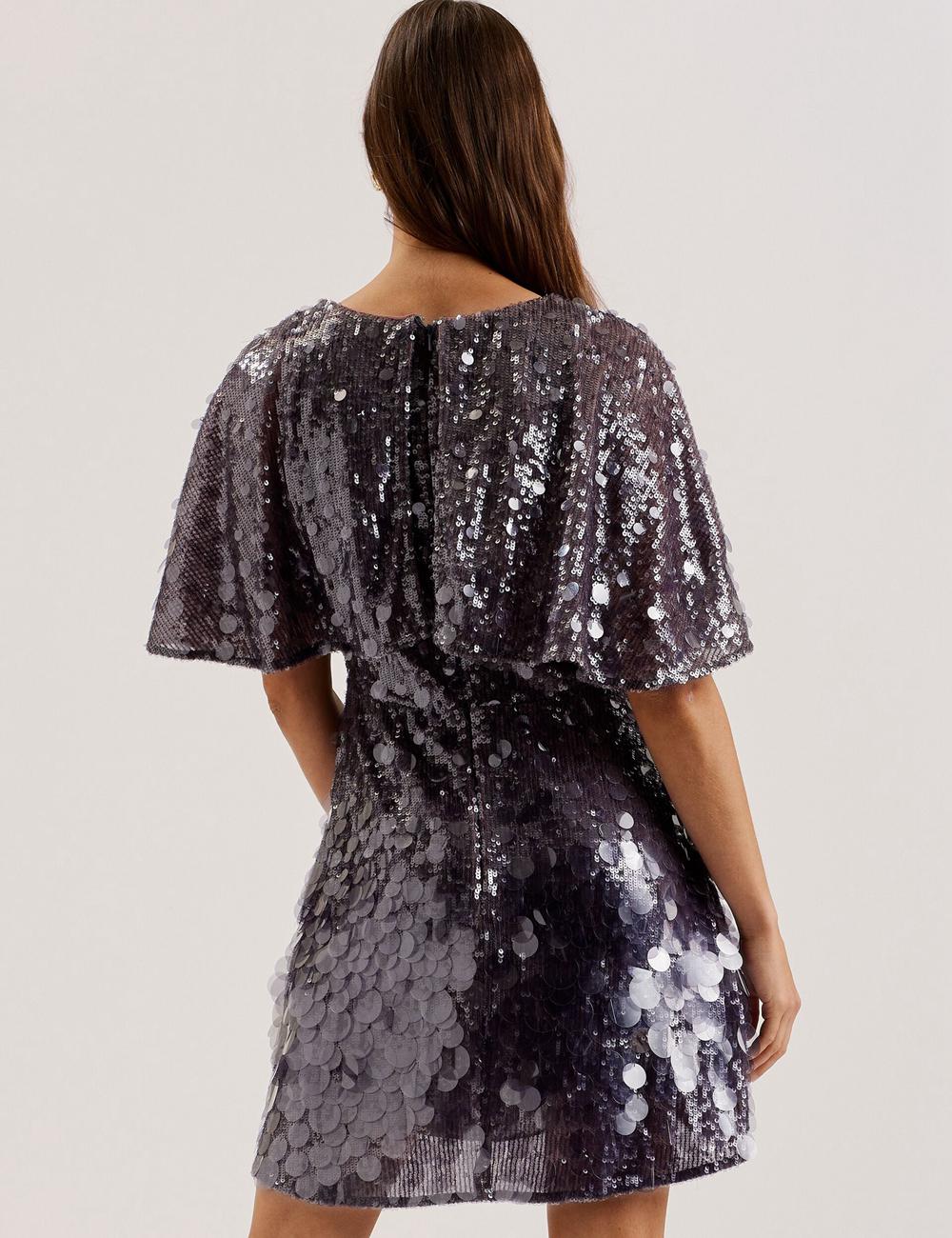 Women Ted Baker ELISONA - Sequin V-Neck Cape Sleeve Mini Dresses Dk-Grey | KSA  0549-QLAMY