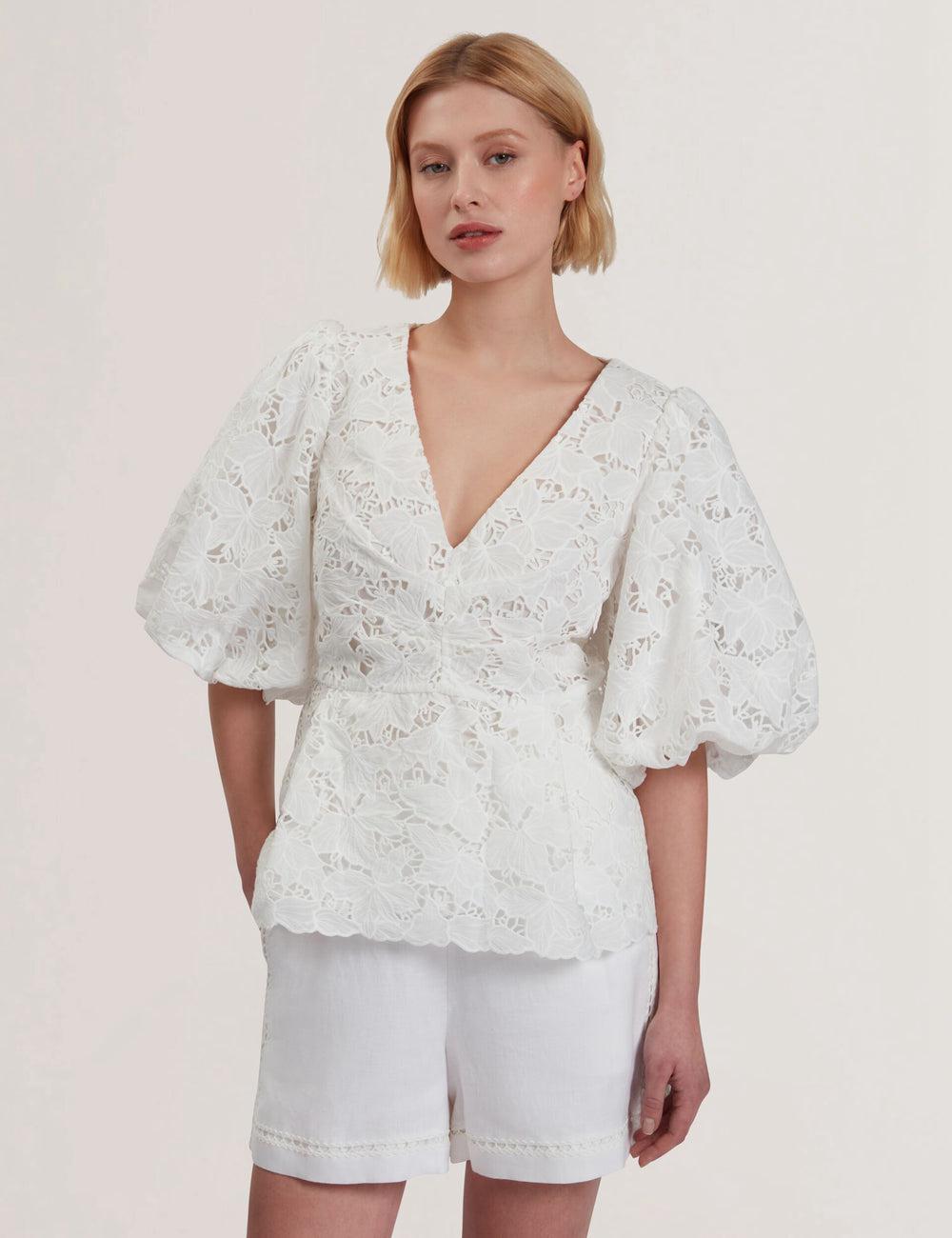 Women Ted Baker ELLARI - Lace Puff Sleeve V-Neck Peplum Tops White | KSA  3659-TOIWX