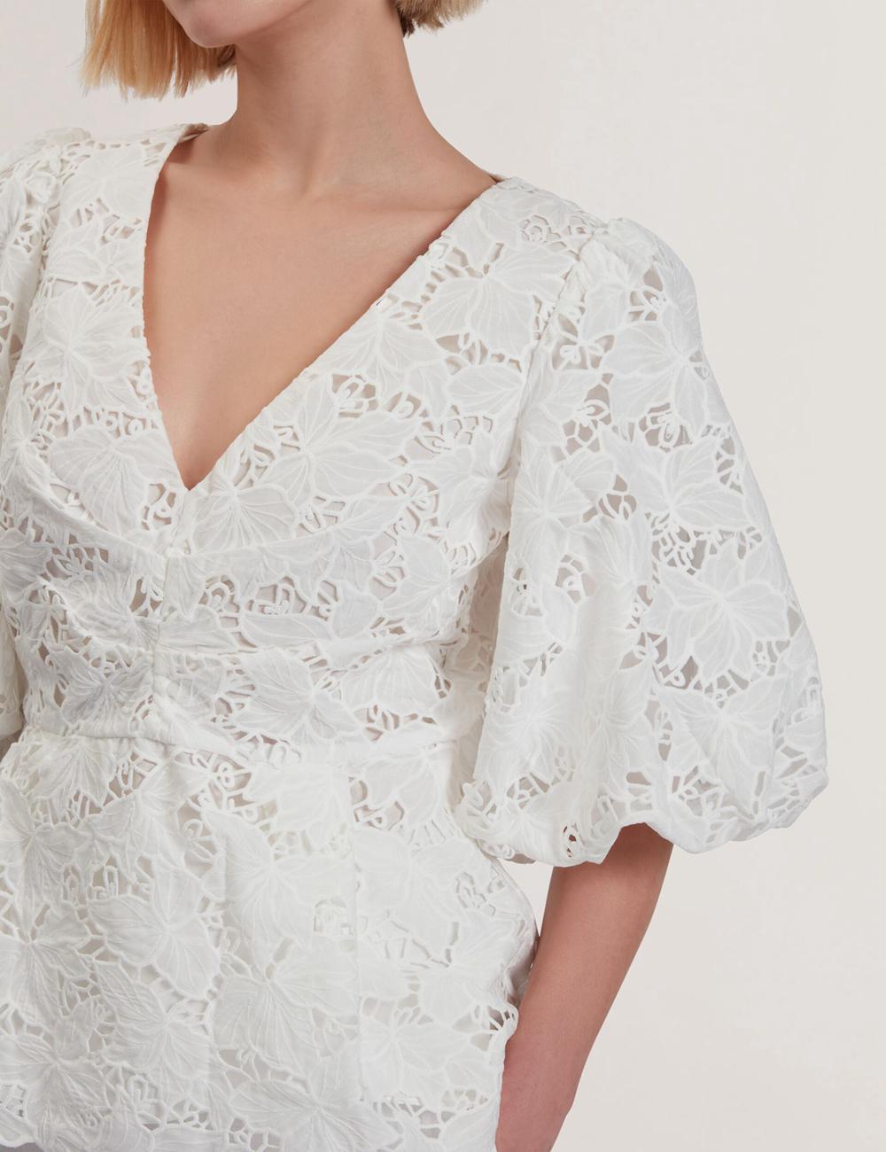 Women Ted Baker ELLARI - Lace Puff Sleeve V-Neck Peplum Tops White | KSA  3659-TOIWX