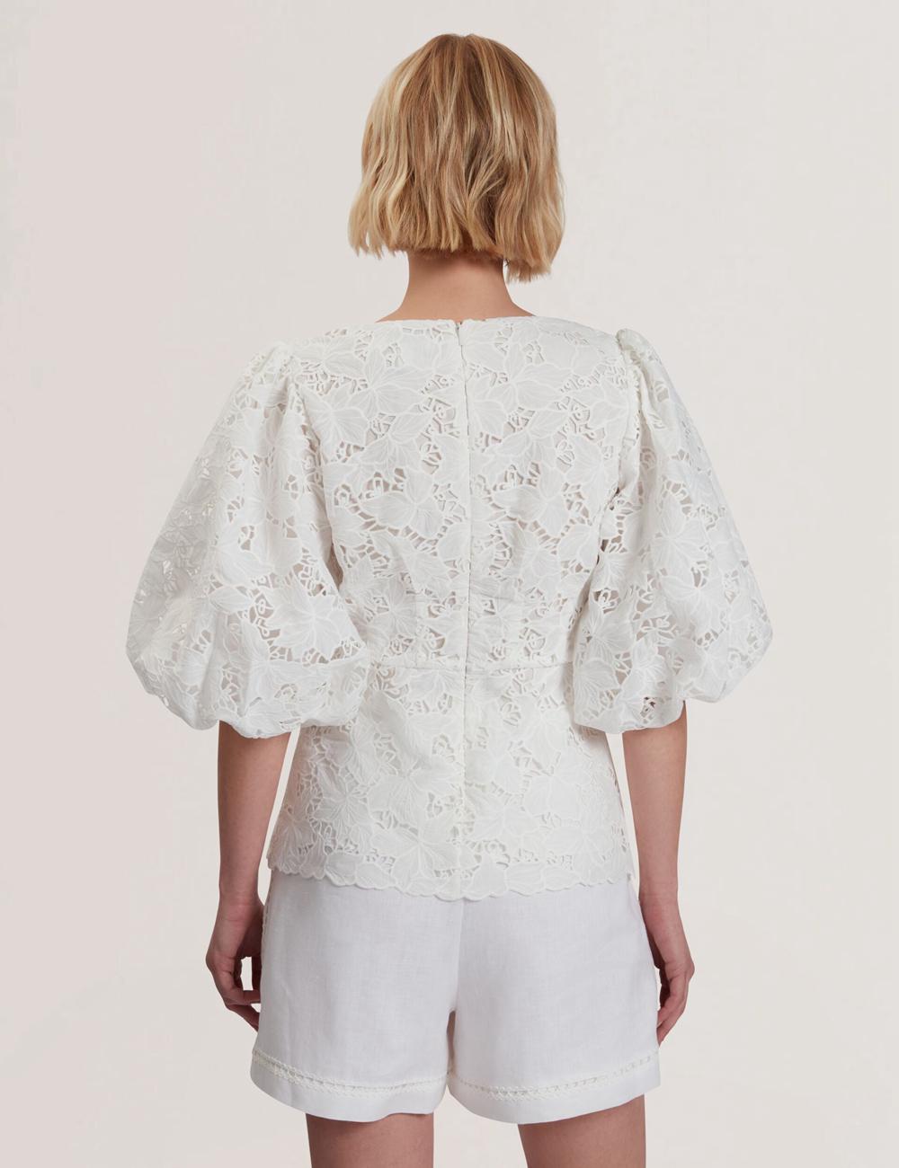 Women Ted Baker ELLARI - Lace Puff Sleeve V-Neck Peplum Tops White | KSA  3659-TOIWX