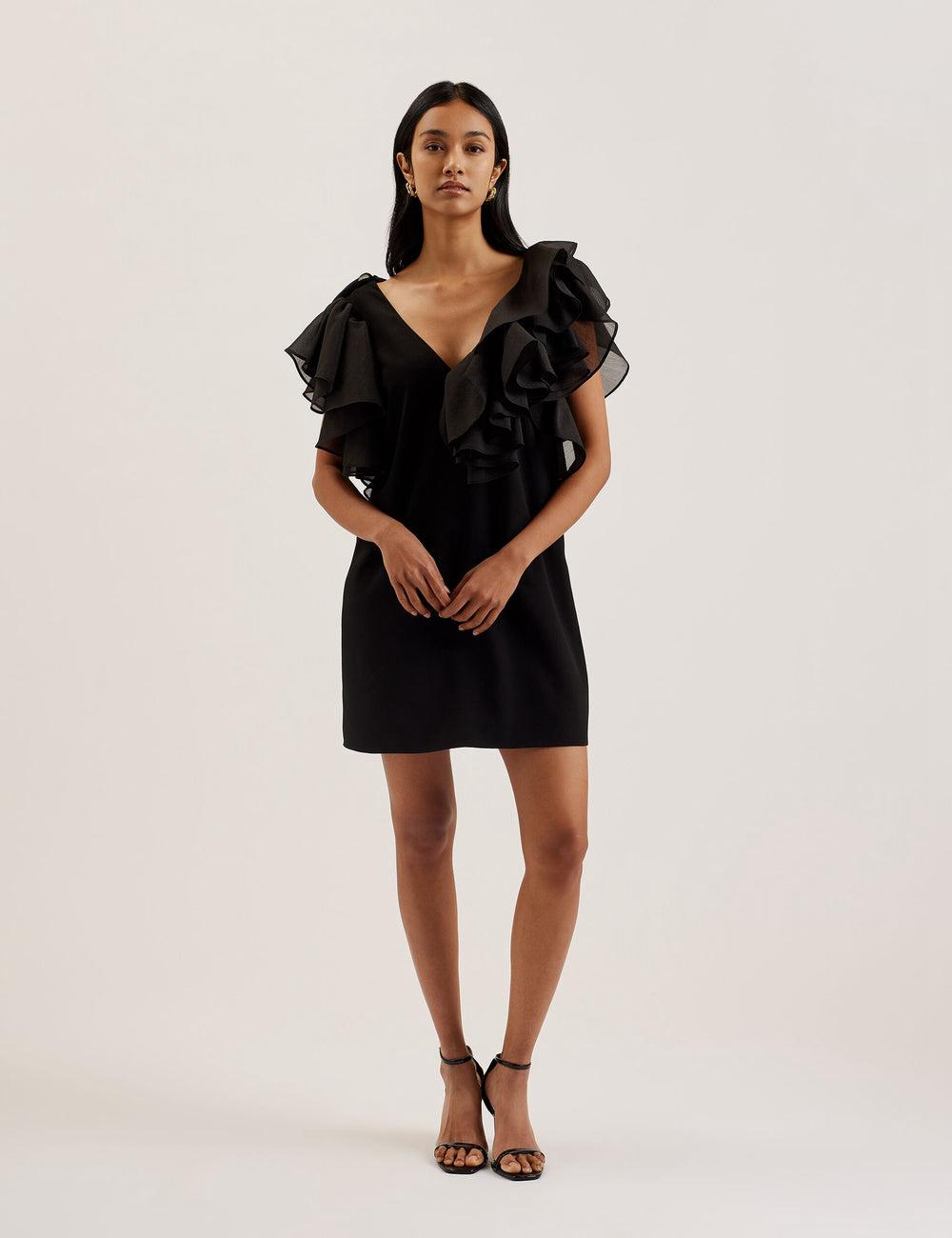 Women Ted Baker ELQUI - Oversized Ruffle Trim V-Neck Mini Dresses Black | KSA  8079-YJXNH