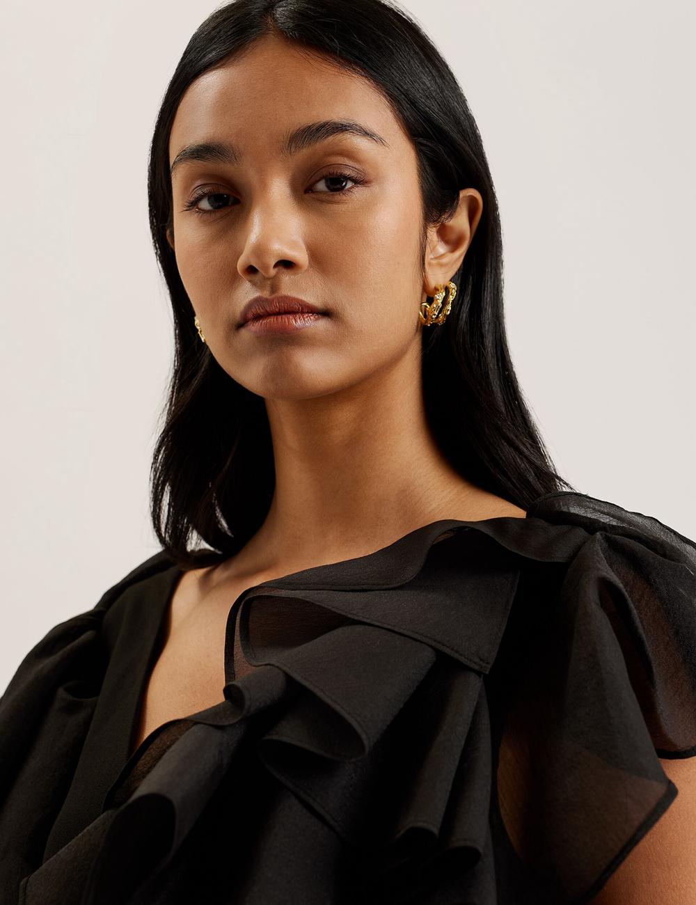 Women Ted Baker ELQUI - Oversized Ruffle Trim V-Neck Mini Dresses Black | KSA  8079-YJXNH