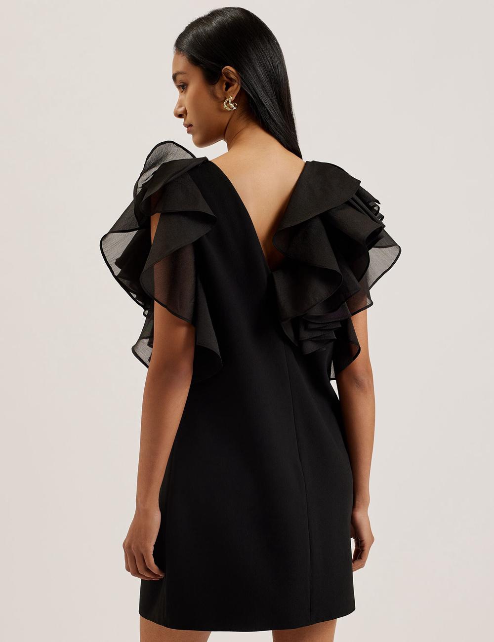 Women Ted Baker ELQUI - Oversized Ruffle Trim V-Neck Mini Dresses Black | KSA  8079-YJXNH