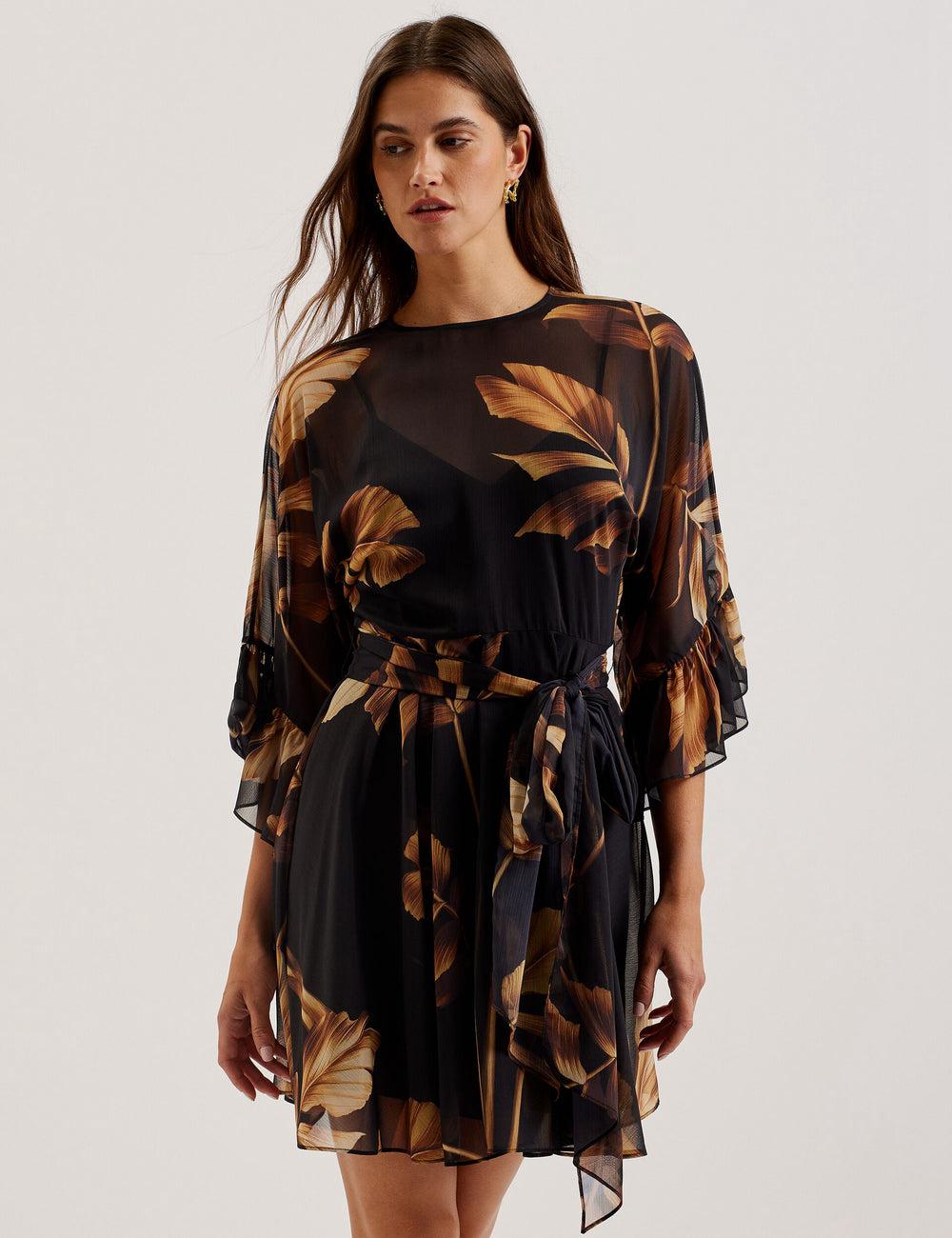 Women Ted Baker ELSTER - Printed Chiffon With Waist Mini Dresses Black | KSA  8374-ZNKFG