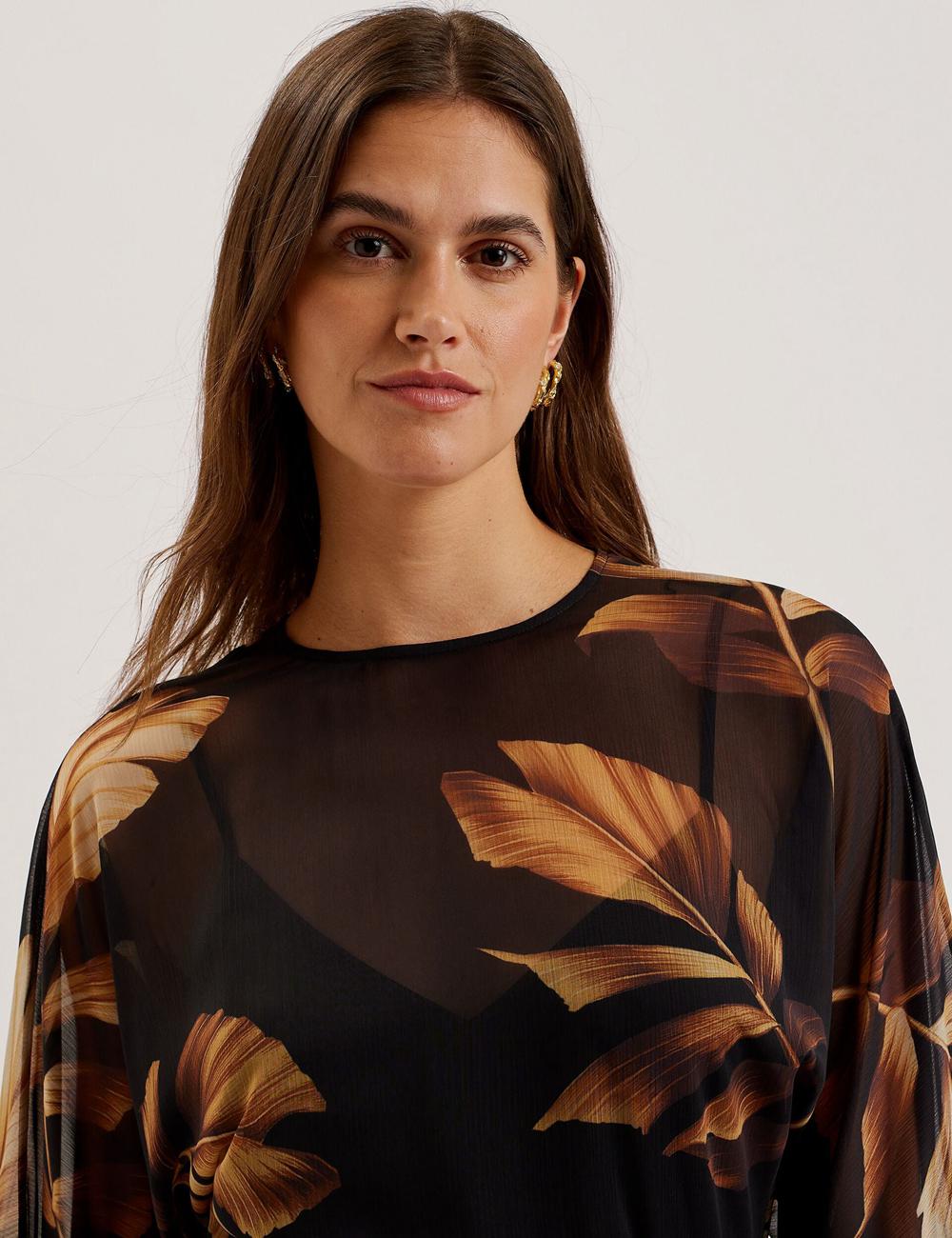 Women Ted Baker ELSTER - Printed Chiffon With Waist Mini Dresses Black | KSA  8374-ZNKFG