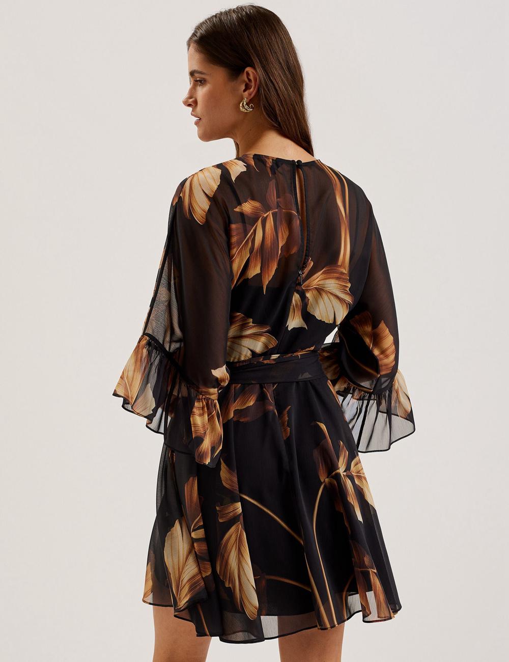 Women Ted Baker ELSTER - Printed Chiffon With Waist Mini Dresses Black | KSA  8374-ZNKFG