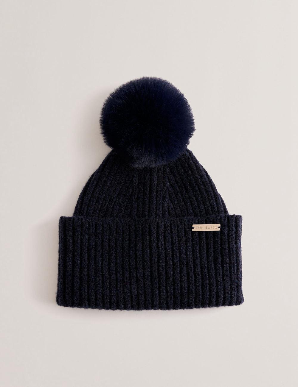Women Ted Baker EMILYYA - Ribbed Knit Fluffy Bobble Hats Navy | KSA  0371-PFUAQ