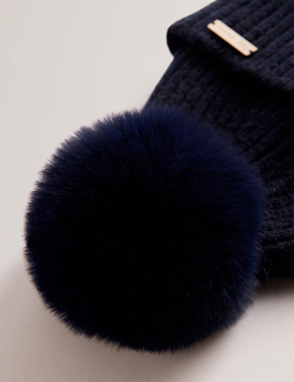 Women Ted Baker EMILYYA - Ribbed Knit Fluffy Bobble Hats Navy | KSA  0371-PFUAQ