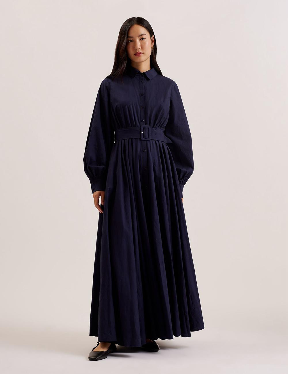Women Ted Baker ENE - Cotton Maxi Shirt Dress With Belt Maxi Dresses Navy | KSA  1748-HSKQW