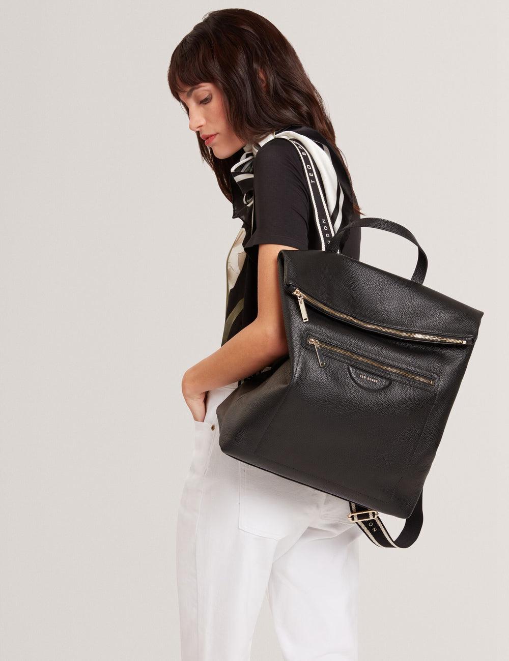 Women Ted Baker ESSAYA - Leather Webbing Strap Fold Over Backpacks Black | KSA  1732-KBXZI