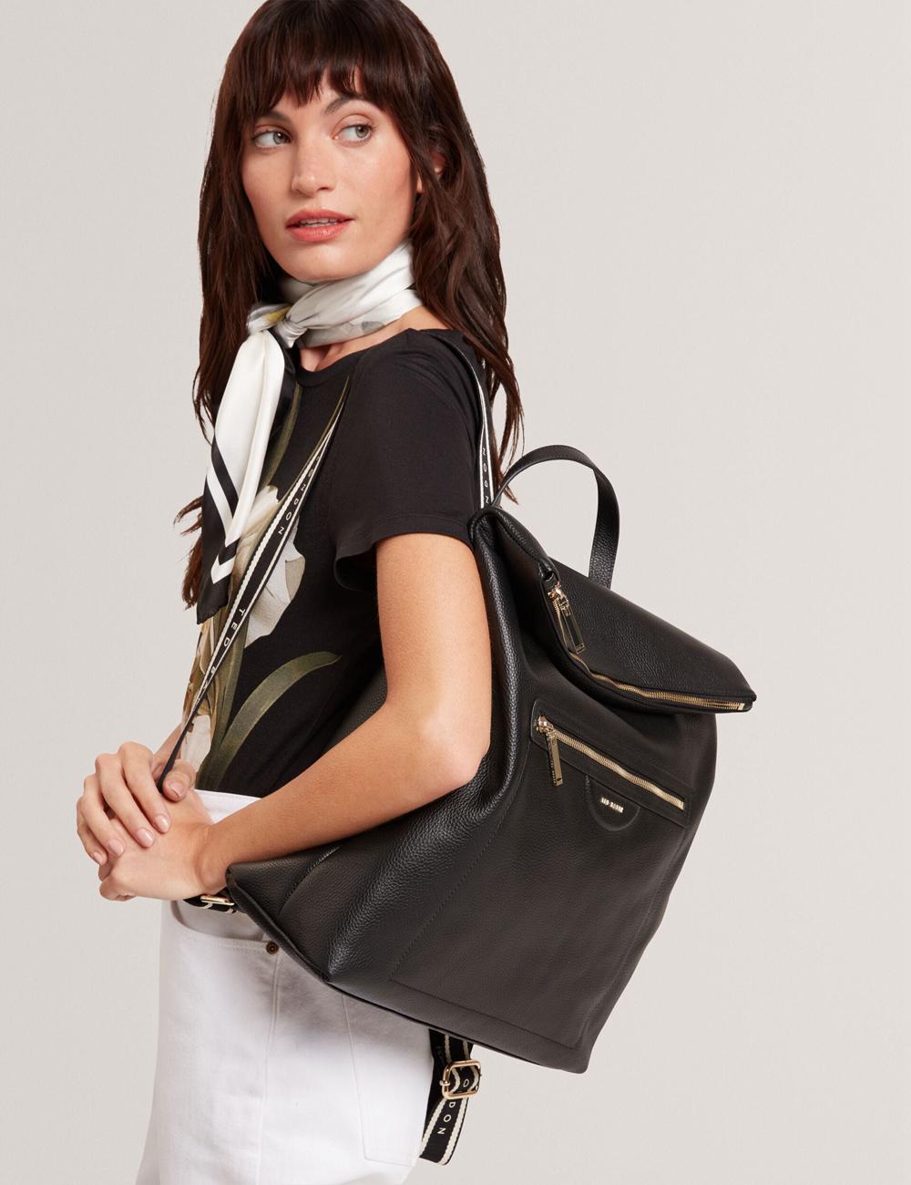 Women Ted Baker ESSAYA - Leather Webbing Strap Fold Over Backpacks Black | KSA  1732-KBXZI