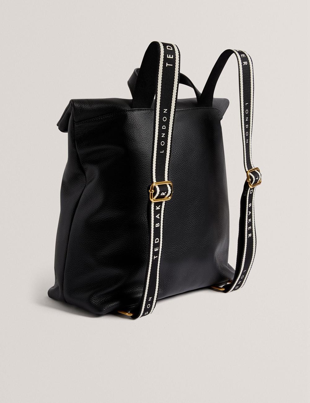 Women Ted Baker ESSAYA - Leather Webbing Strap Fold Over Backpacks Black | KSA  1732-KBXZI