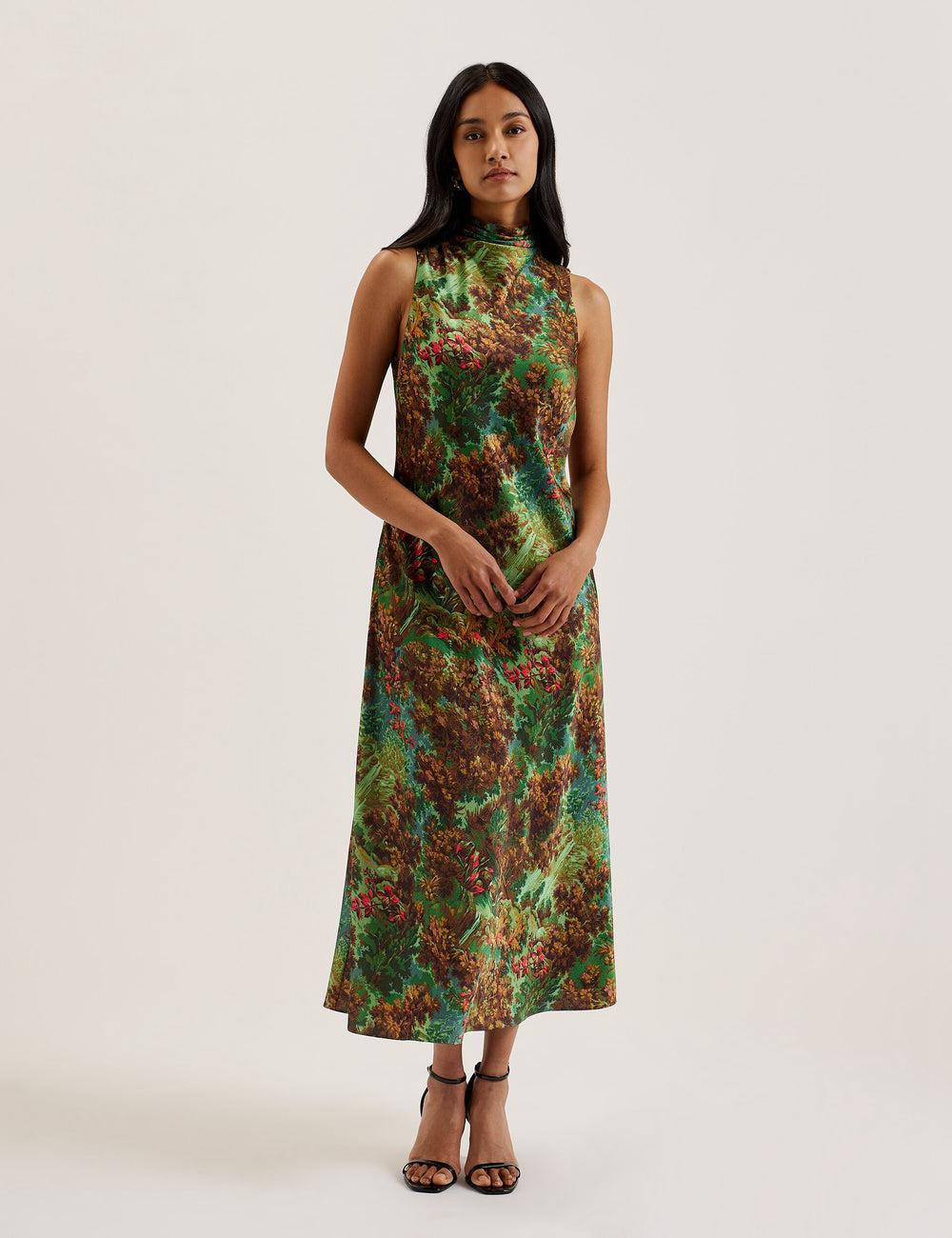 Women Ted Baker EYVA - Satin Printed High Neck Midi Slip Midi Dresses Green | KSA  9053-WSRUB