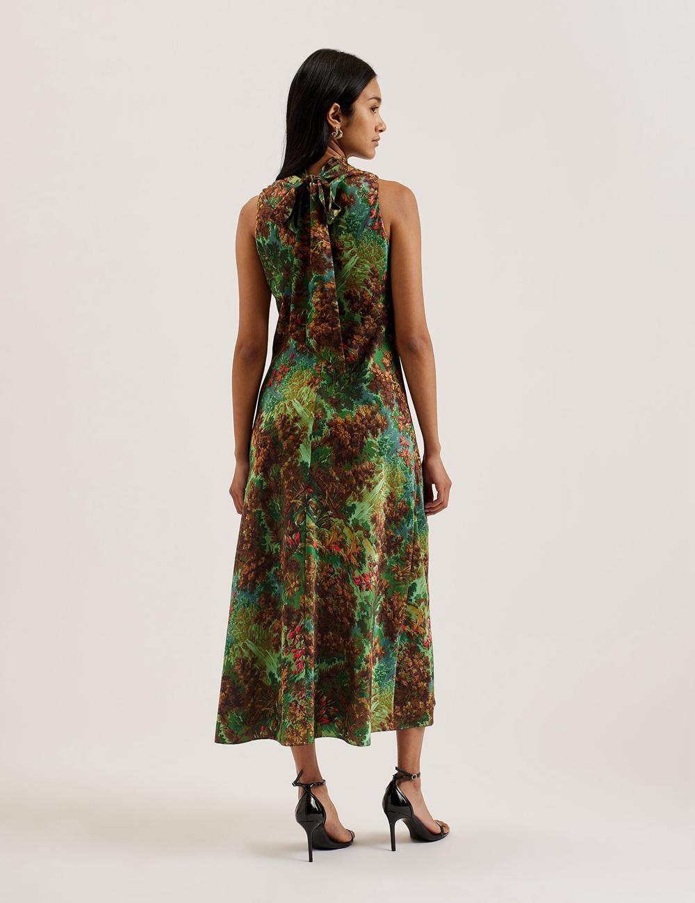 Women Ted Baker EYVA - Satin Printed High Neck Midi Slip Midi Dresses Green | KSA  9053-WSRUB