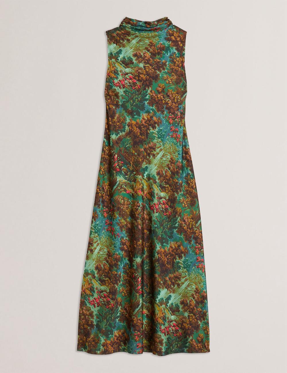 Women Ted Baker EYVA - Satin Printed High Neck Midi Slip Midi Dresses Green | KSA  9053-WSRUB