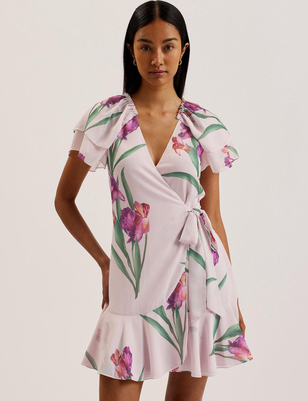 Women Ted Baker FASNIA - Floral Angel Sleeve Wrap Mini Dresses Pink | KSA  4096-CSLOE