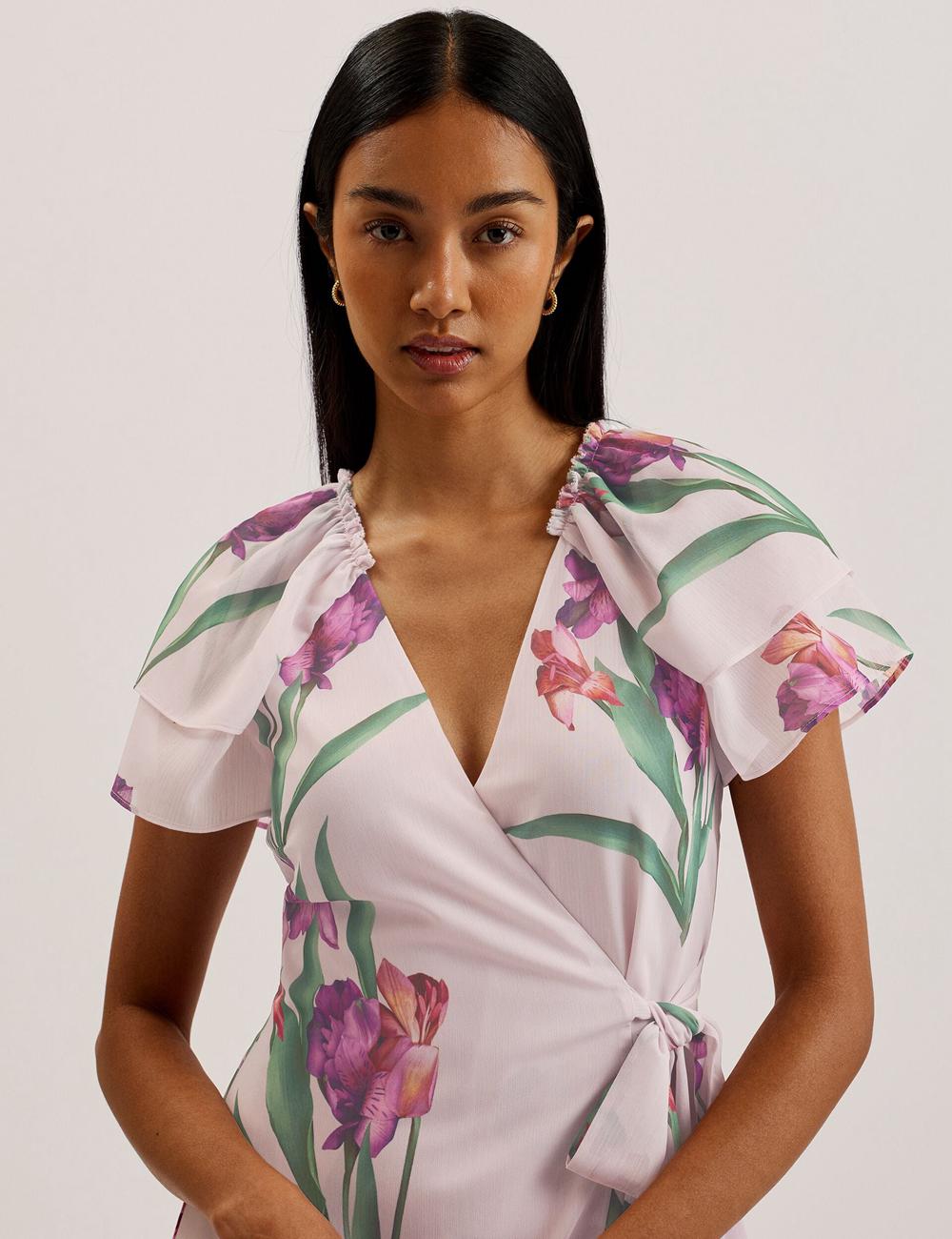 Women Ted Baker FASNIA - Floral Angel Sleeve Wrap Mini Dresses Pink | KSA  4096-CSLOE