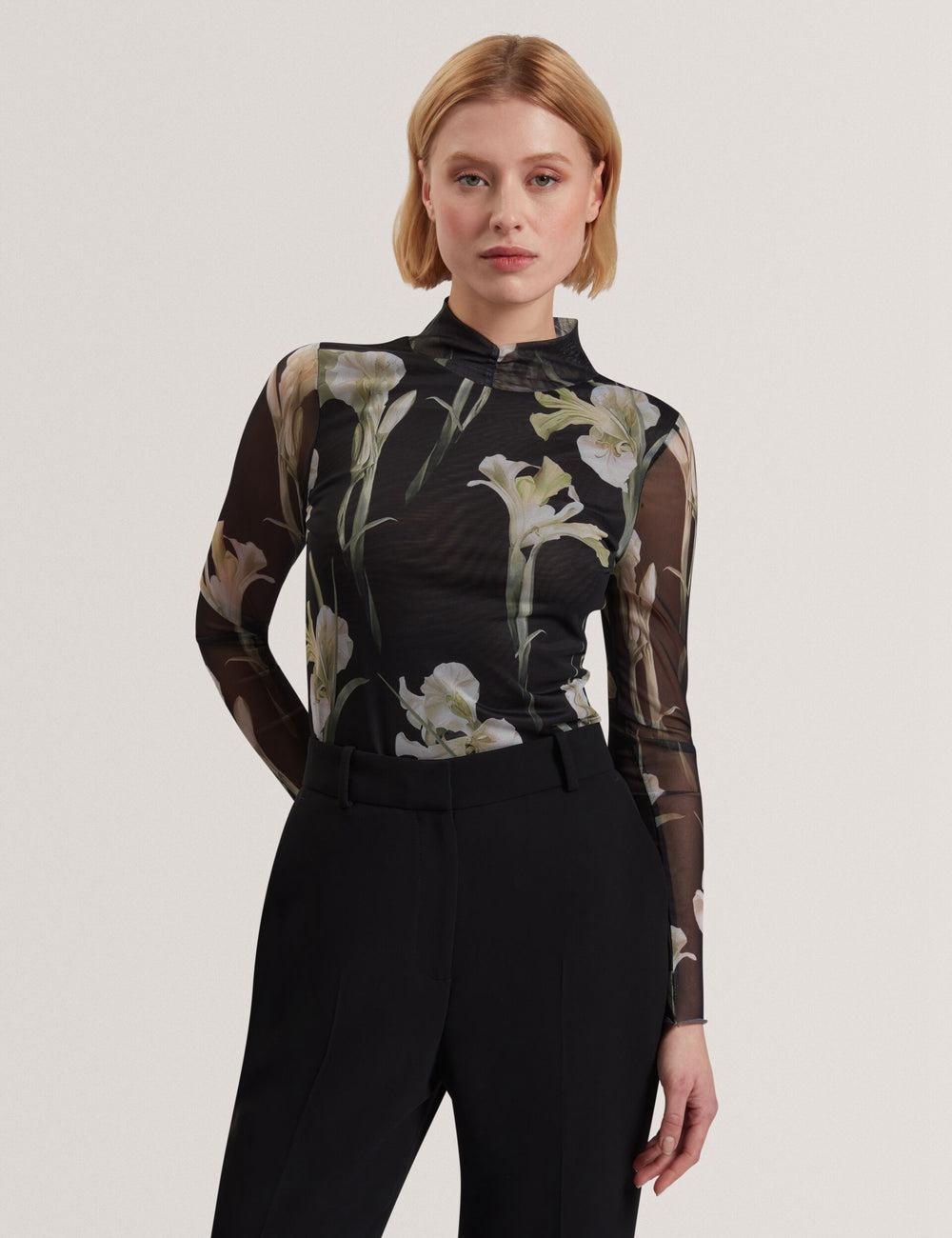 Women Ted Baker FIAAHH - Floral Print High Neck Sheer Mesh Tops Black | KSA  3910-AILRV