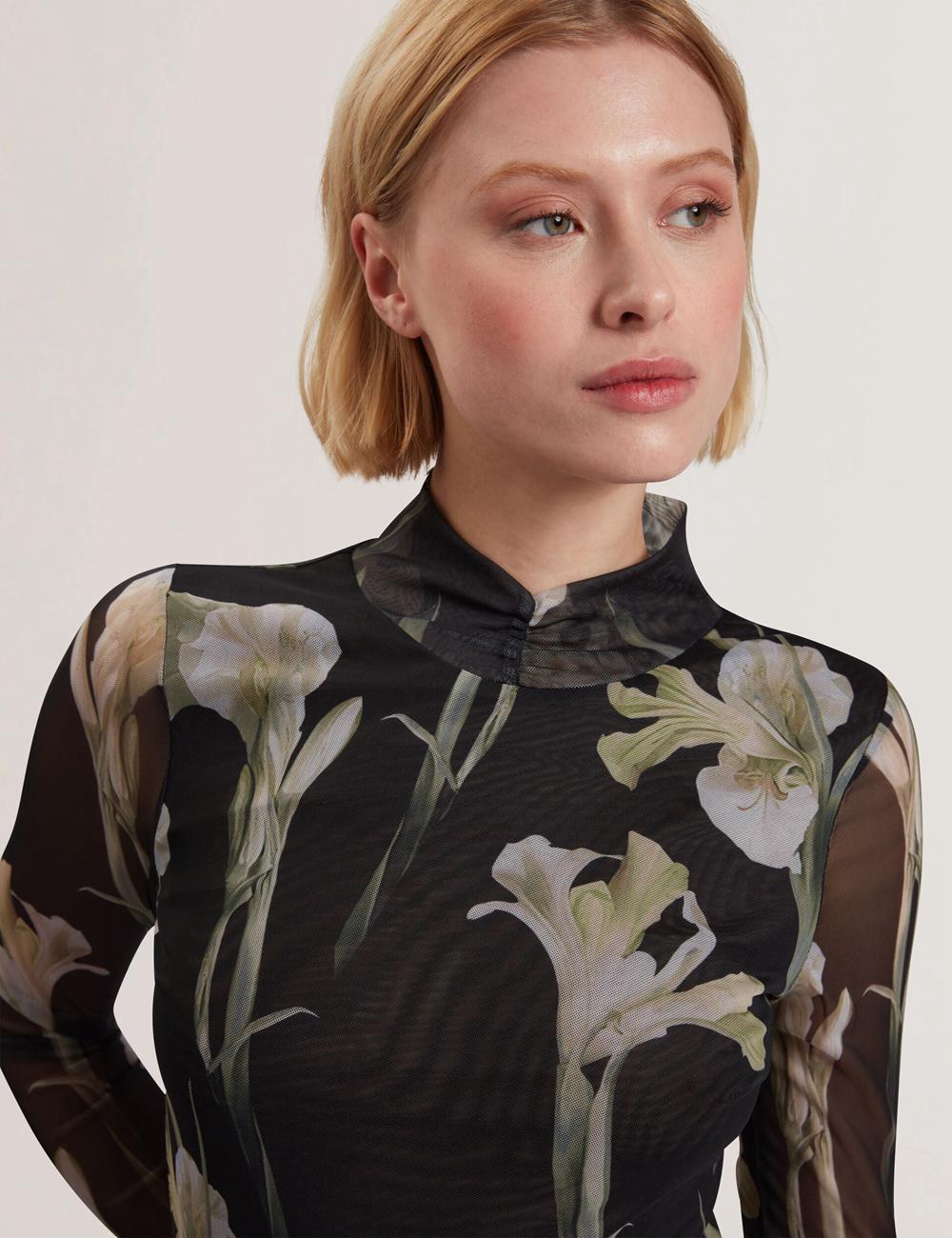 Women Ted Baker FIAAHH - Floral Print High Neck Sheer Mesh Tops Black | KSA  3910-AILRV