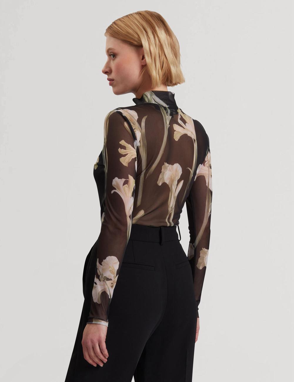 Women Ted Baker FIAAHH - Floral Print High Neck Sheer Mesh Tops Black | KSA  3910-AILRV