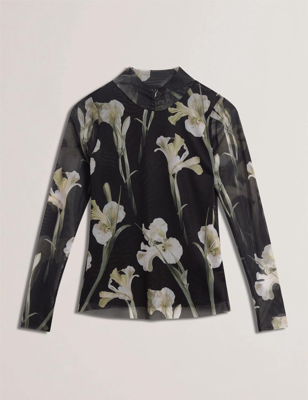 Women Ted Baker FIAAHH - Floral Print High Neck Sheer Mesh Tops Black | KSA  3910-AILRV