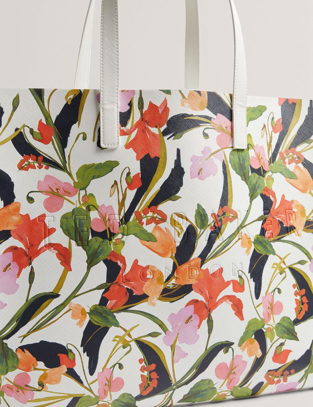 Women Ted Baker FLORISH - Floral Print PU Leather Wide Tote Bags Cream | KSA  4193-NPQHT