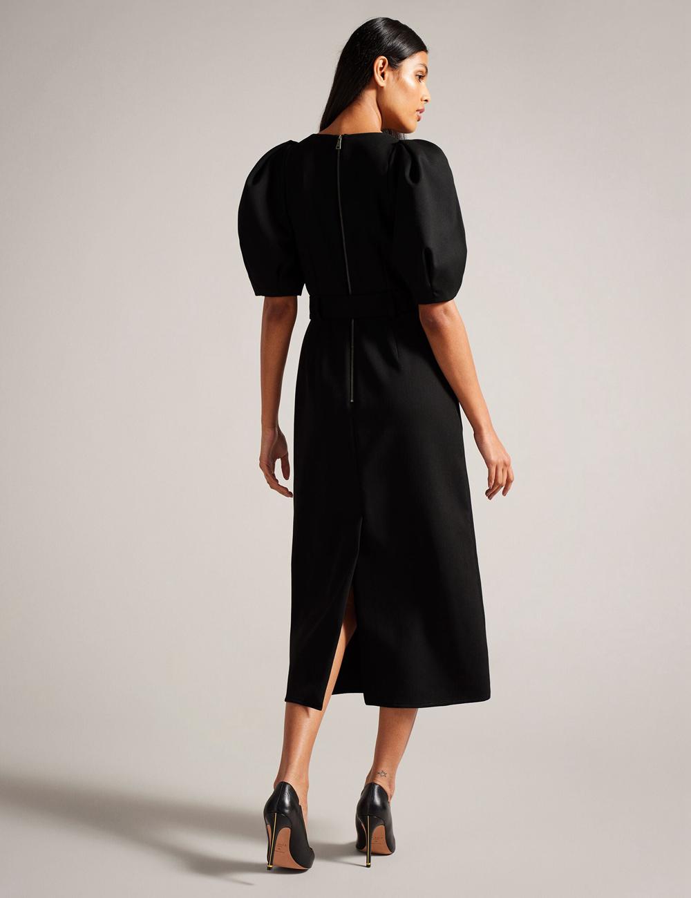 Women Ted Baker GABYELA - Structured Puff Sleeve With Belt Midi Dresses Black | KSA  9461-CLMIT