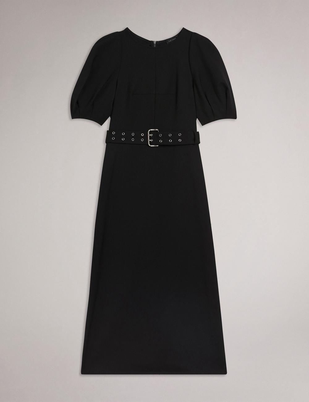 Women Ted Baker GABYELA - Structured Puff Sleeve With Belt Midi Dresses Black | KSA  9461-CLMIT