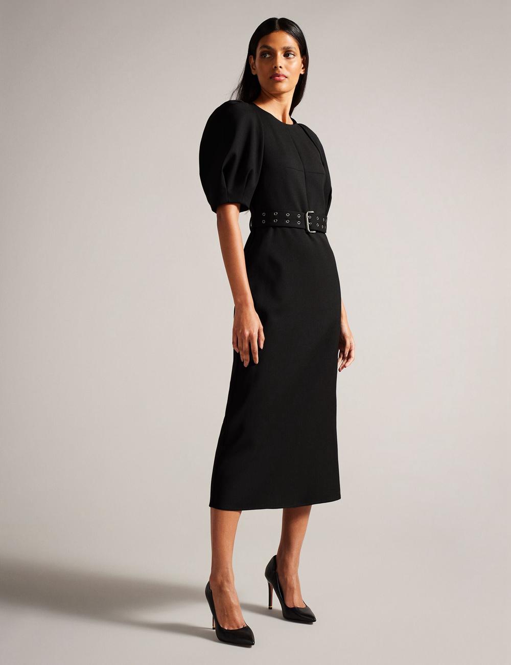 Women Ted Baker GABYELA - Structured Puff Sleeve With Belt Midi Dresses Black | KSA  9461-CLMIT