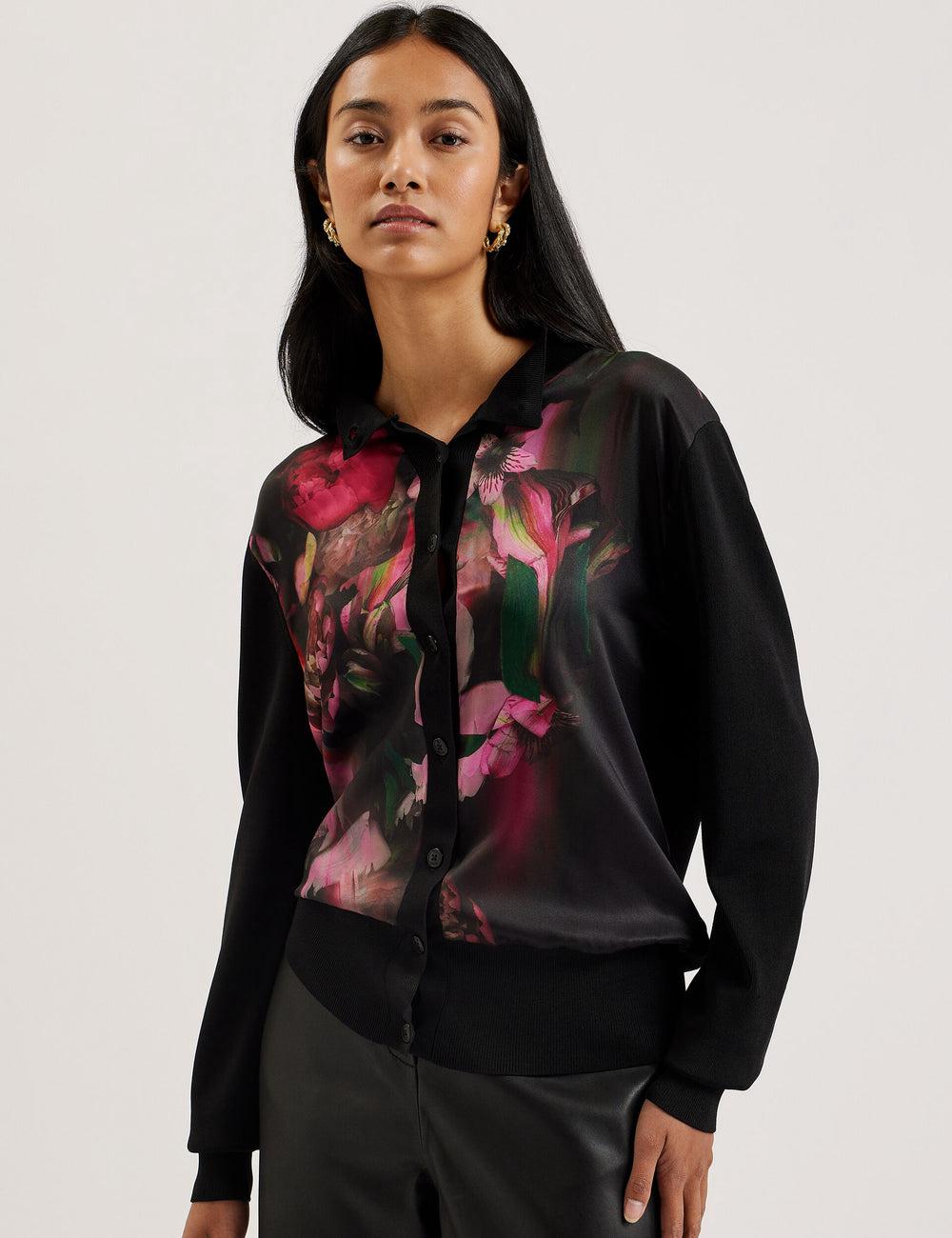 Women Ted Baker GEMHAA - Printed Panel Long Sleeve Cardigans Black | KSA  7216-MUAZG