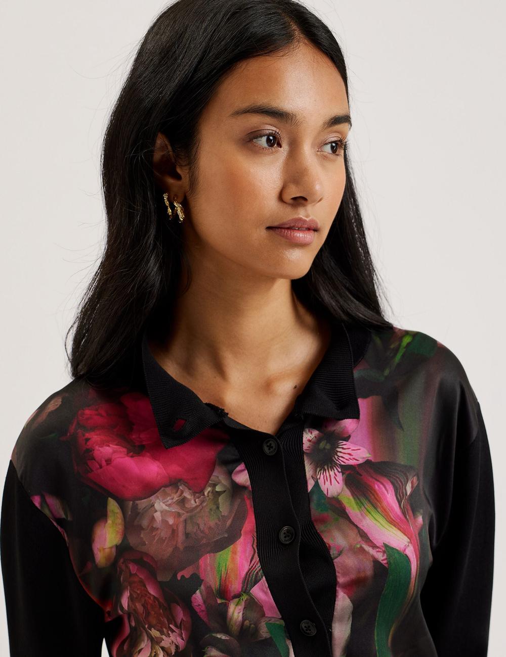 Women Ted Baker GEMHAA - Printed Panel Long Sleeve Cardigans Black | KSA  7216-MUAZG